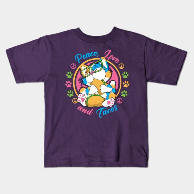 Peace, Love and Tacos Kids T-Shirt by CuddleswithCatsArt